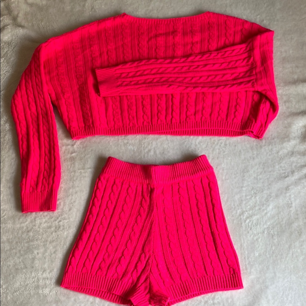 Vibrant Pink Cable Knit Sweater and Shorts Set